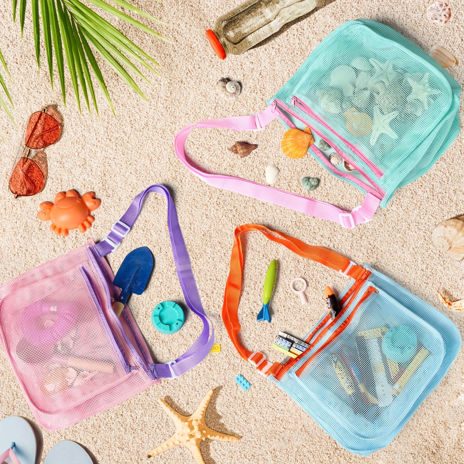 Seashell Collecting Bags Set Breathable Mesh Beach Bags Pink Green Beach Toy