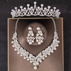 3PCS Faux Pearl Crown Earrings Necklace Set Head Jewelry