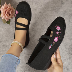 Women's Breathable Knit Flat Shoes Casual Slip On Embroidered Shoes