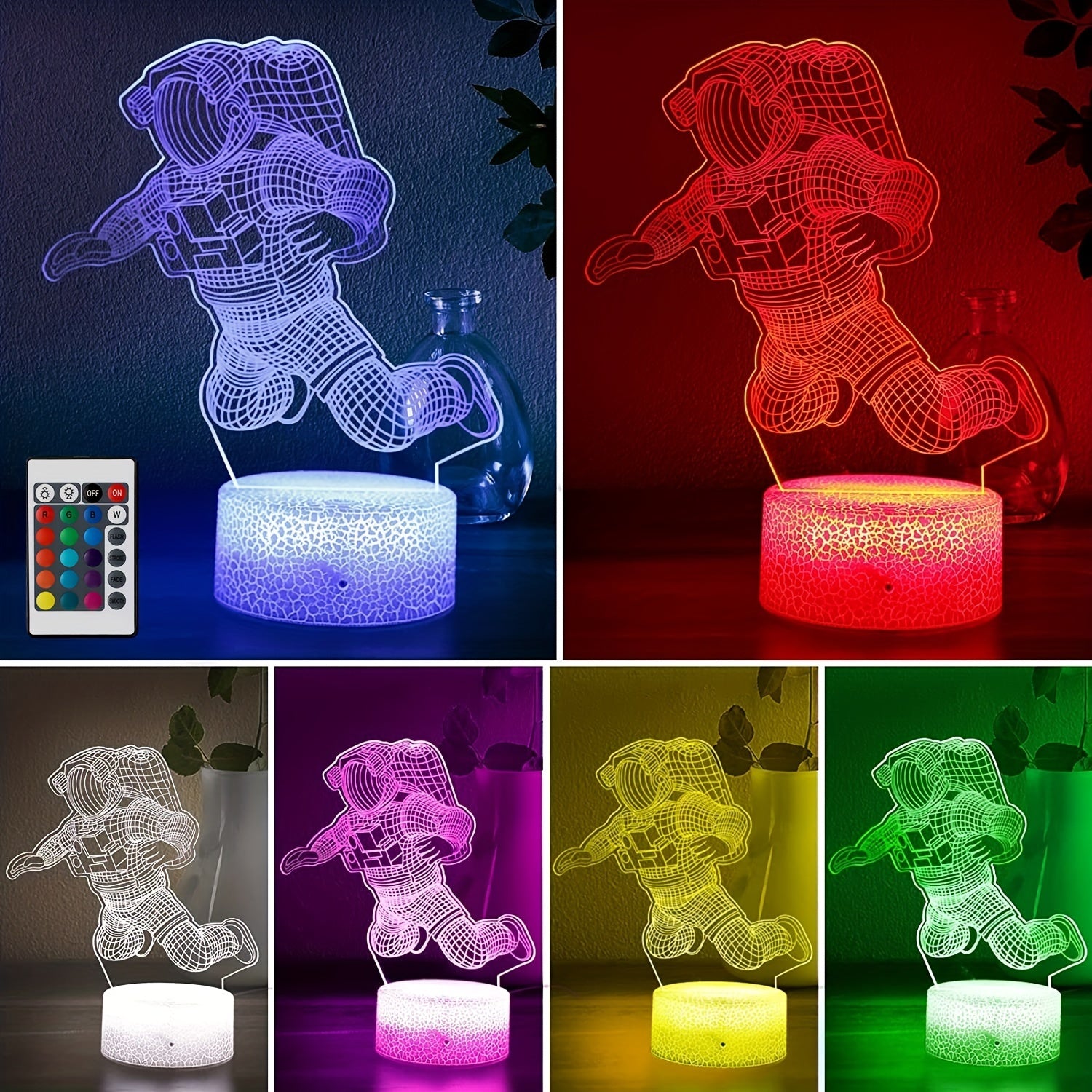 Spaceman 3D Night Light Astronaut Rocket LED Lamp, 16 Colors, Remote Control