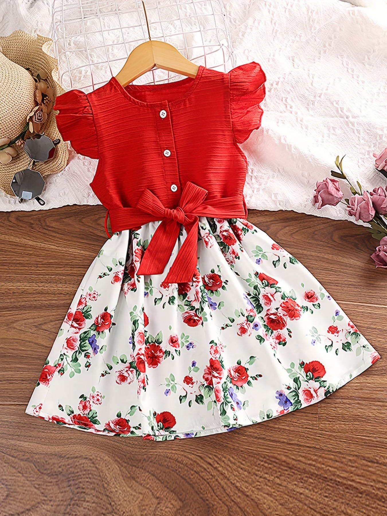 Girls Floral Print Ruffle Sleeve Dress with Belt