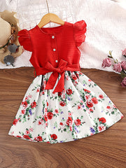 Girls Floral Print Ruffle Sleeve Dress with Belt