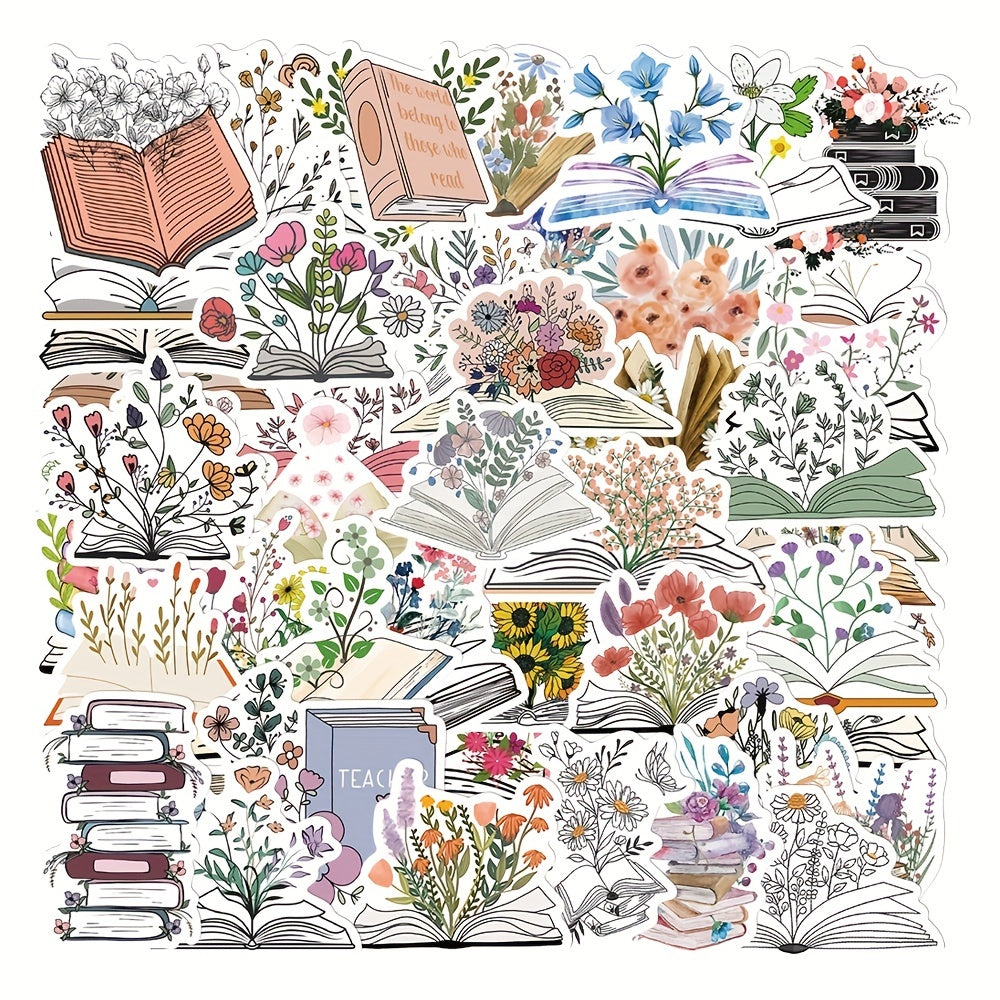 50pcs Books & Flower Stickers for Phone Laptop Refrigerator Skateboard