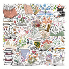 50pcs Books & Flower Stickers for Phone Laptop Refrigerator Skateboard