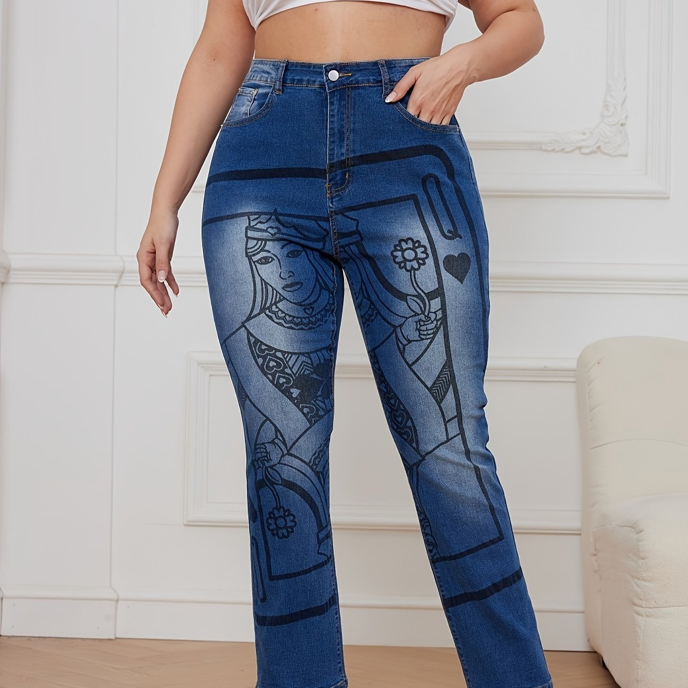 Poker Print High Rise Straight Leg Jeans