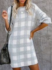 Plus Gingham Print Long Sleeve Round Neck Slight Stretch Dress