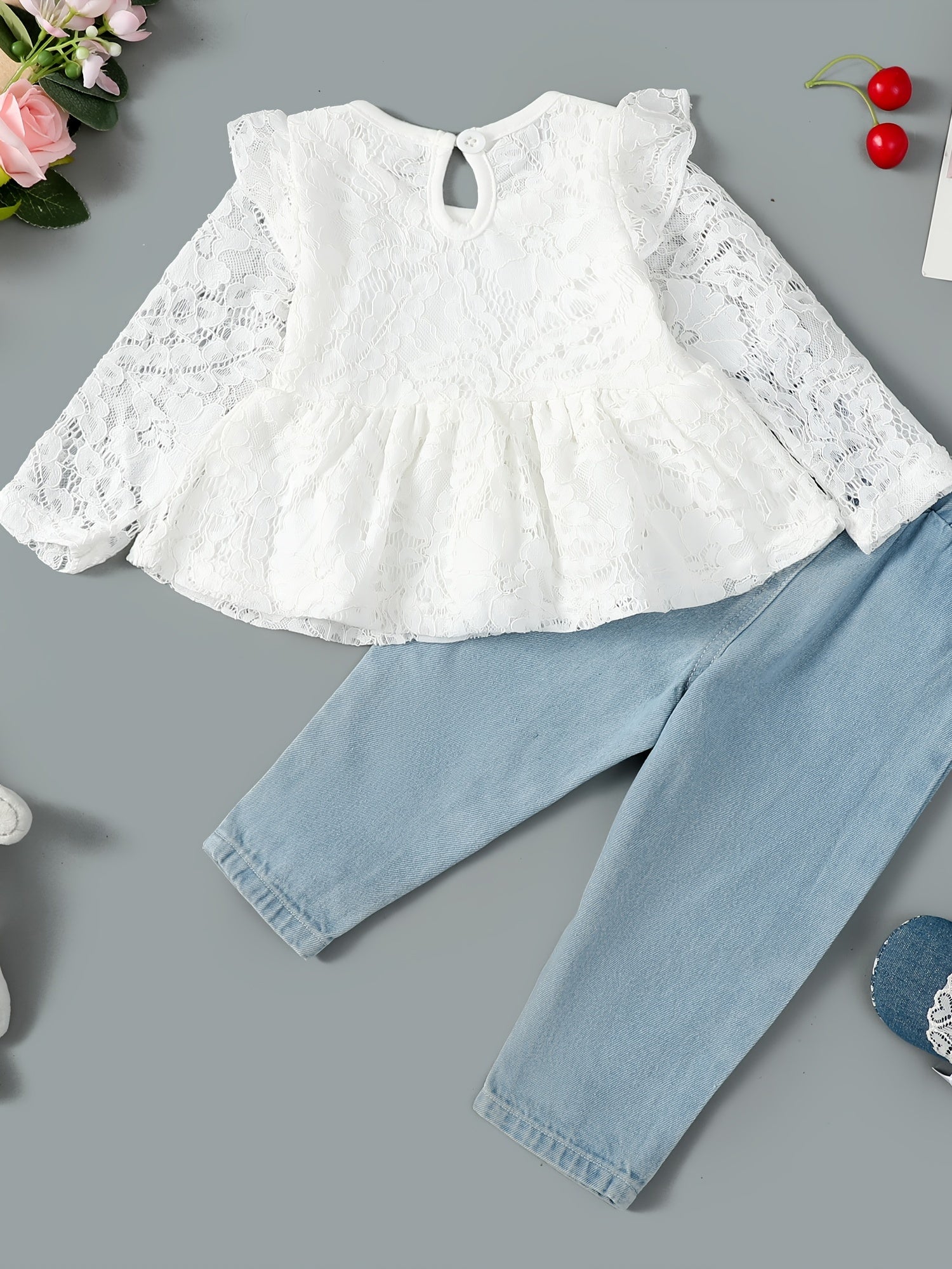 Girls Lace Fly Sleeve Top & Ripped Denim Jeans Set