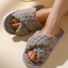 Plush Cross Strap Slippers Cozy Open Toe Flat Fuzzy Shoes