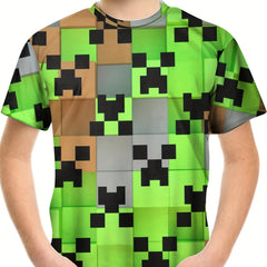 Pixel Block Print Boy's T shirt Short Sleeve Comfortable Summer Tee Tops