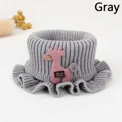 Girls Knitted Ruffled Scarf With Giraffe Patch Winter Neck Protector