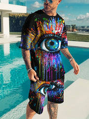 Totem Pattern Men's 2-Piece Outfit: T-shirt & Drawstring Shorts Set
