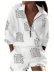 Letter Print Two piece Set Zip Up Top & Shorts Outfits