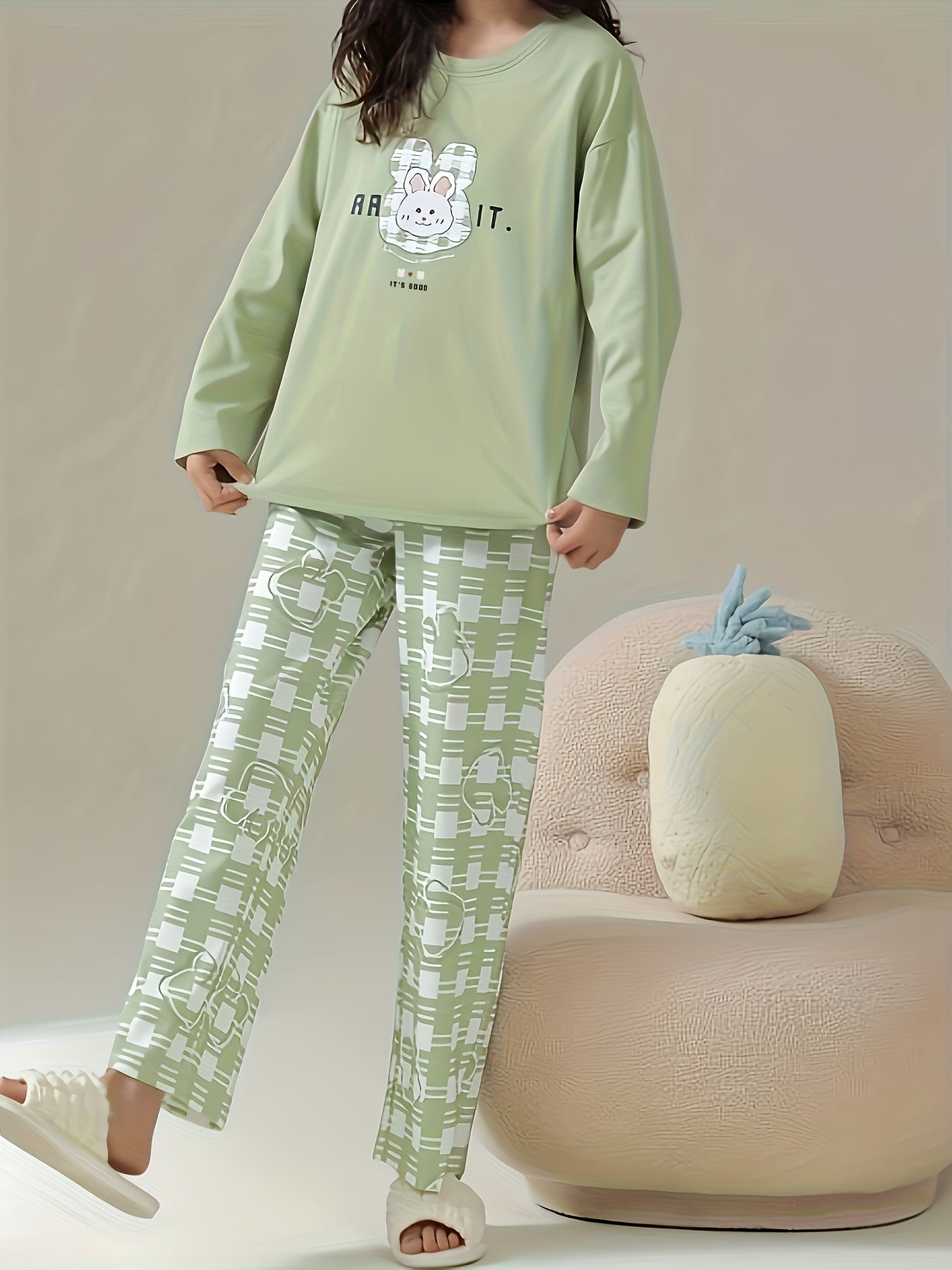 Bunny Print Pajama Set Long Sleeve Top & Plaid Pants