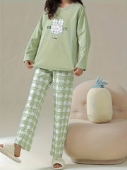 Bunny Print Pajama Set Long Sleeve Top & Plaid Pants