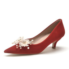 Women's Red Kitten Heeled Pumps Slip on Pointed Toe