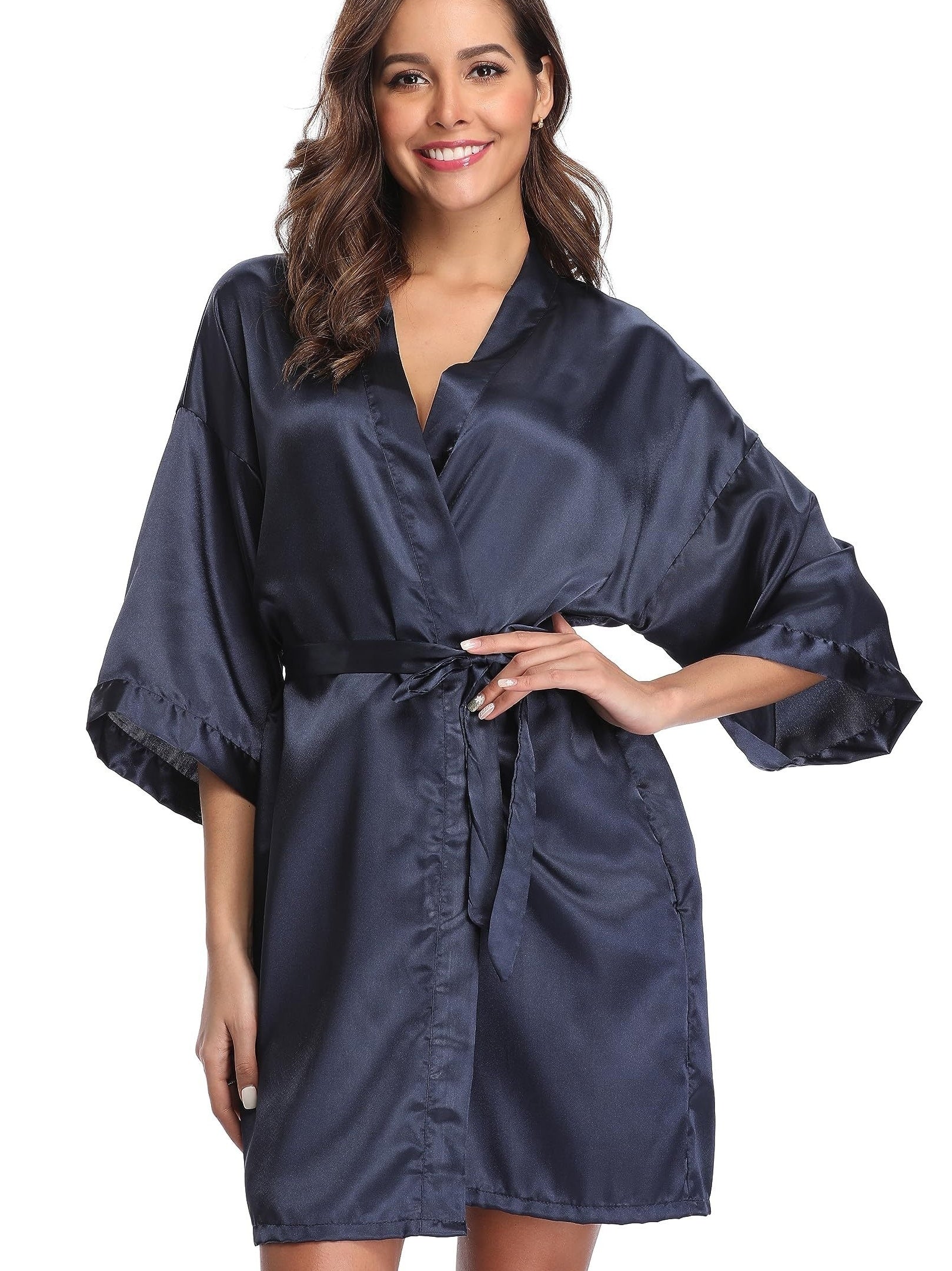 Satin Night Robe 3/4 Sleeve V Neck Robe Women's Sleepwear