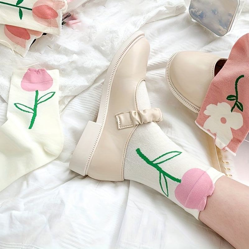 6 Pairs Floral Print Mid Tube Socks Women's Stockings