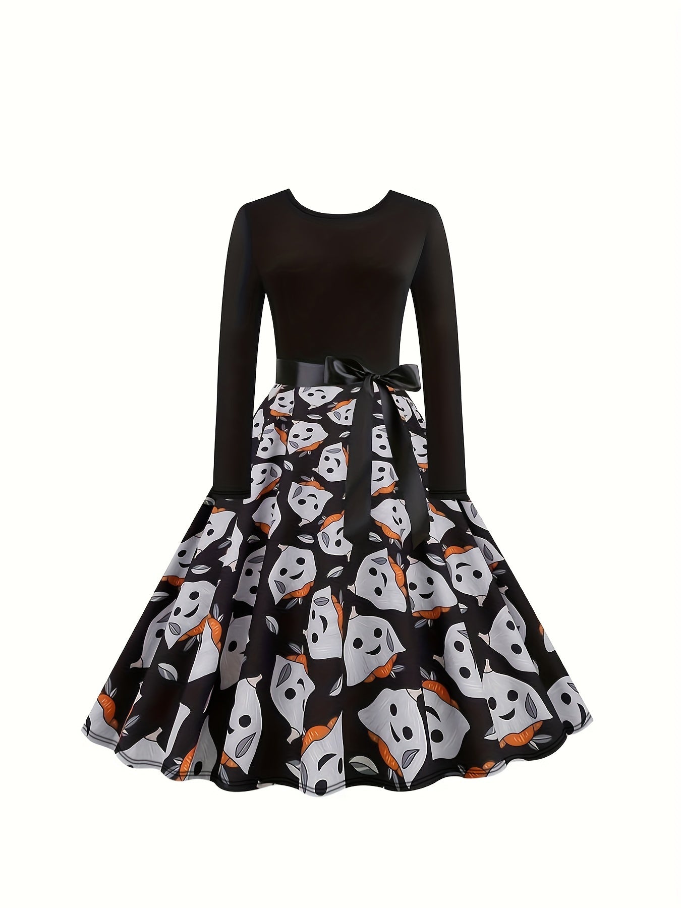 Halloween Gothic Dress Women's Plus Ghost Print Bow Front Swing Dress
