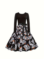 Halloween Gothic Dress Women's Plus Ghost Print Bow Front Swing Dress
