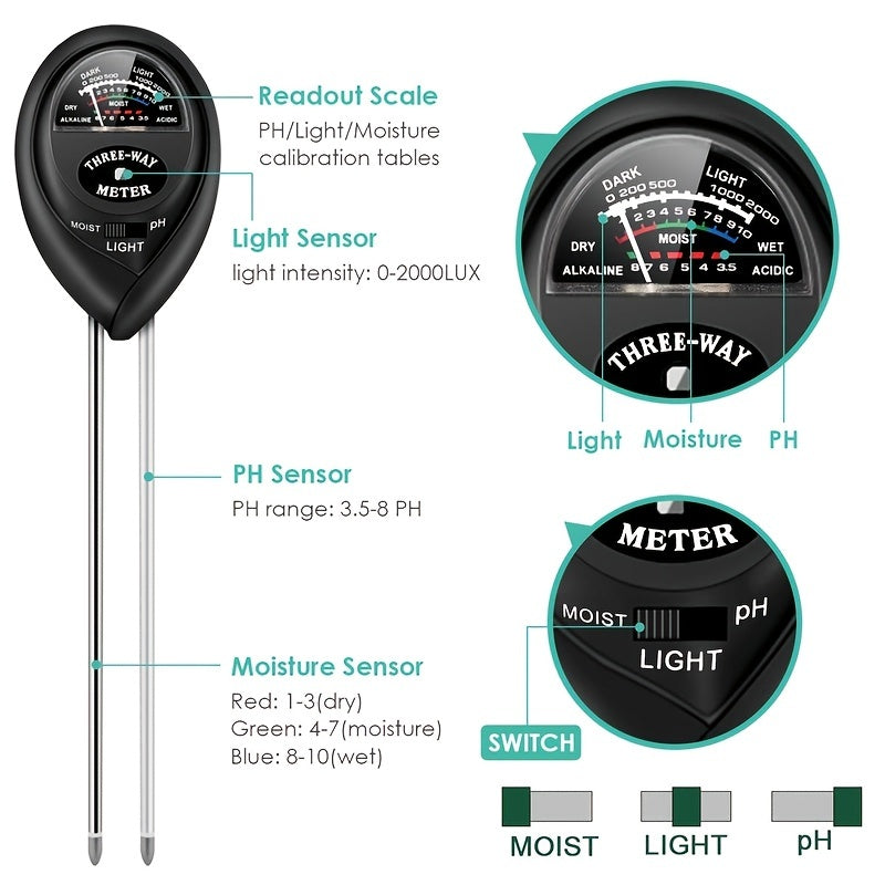 Soil Test Kit 3 in 1 Moisture Light PH Tester Gardening Tool Kits