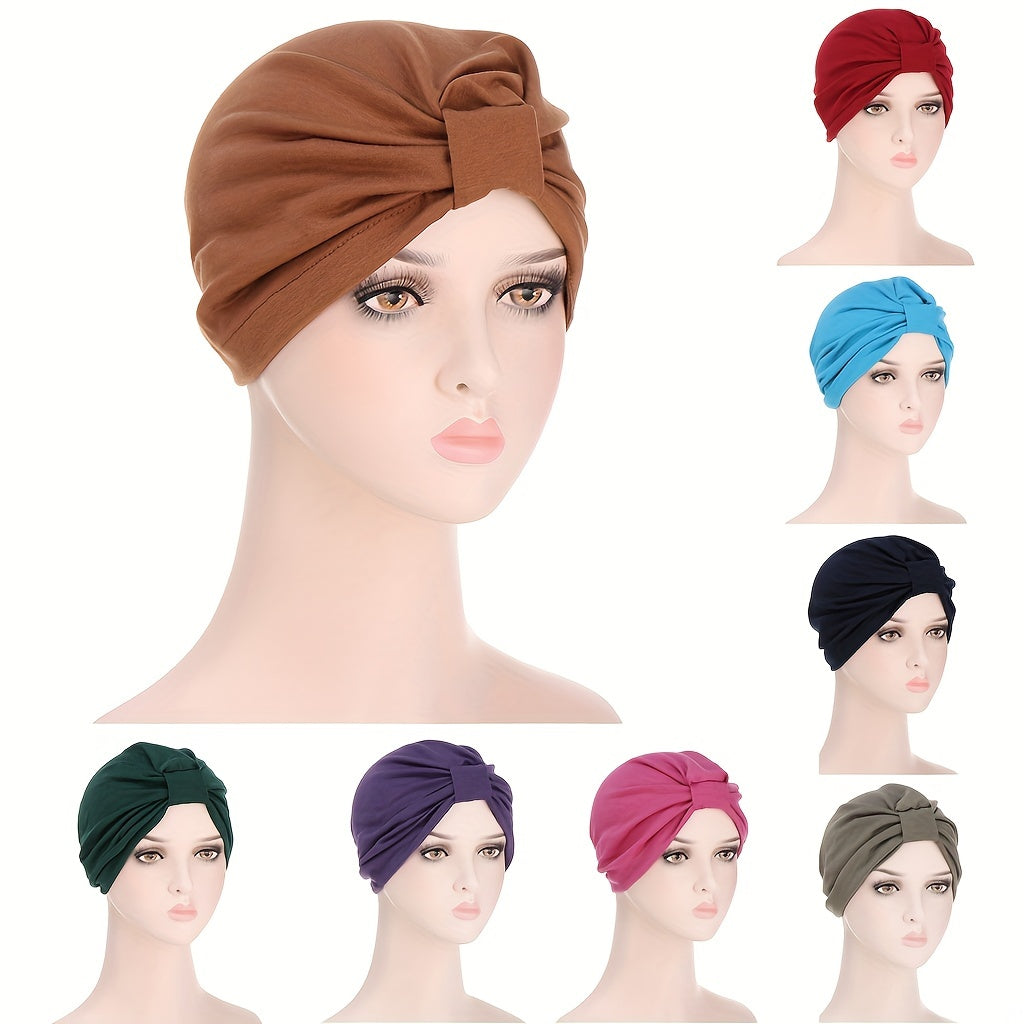 Pleated Square Knot Turban Hat Women Solid Hijab Hat Casual Elastic Head Wrap