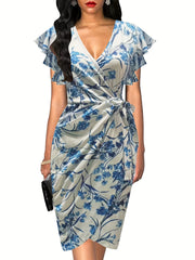 Deep V Neck Ruffle Sleeve Cocktail Dress