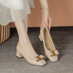 Square Toe Chunky Heels Bowknot Patent Leather Shoes