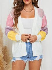 Block Knit Cardigan Open Front Lantern Sleeve Casual Sweater For Winter