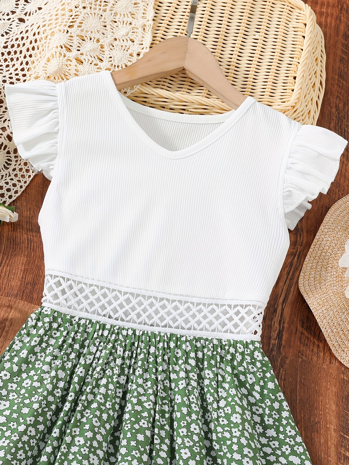 Toddler Girls Flutter Sleeve Dress Waist Hollow Flowers Graphic Princess Dress