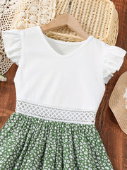 Toddler Girls Flutter Sleeve Dress Waist Hollow Flowers Graphic Princess Dress