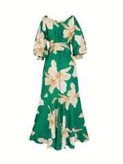 Boho Floral Flared Long Dress Lantern Sleeve Tie Waist Summer Dress