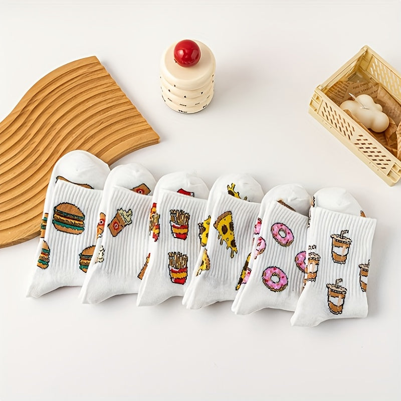 6 Pairs Cartoon Food Print Socks Funny Mid Tube Women's Stockings
