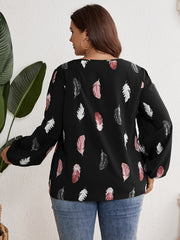Plus Feather Print Lantern Sleeve Round Neck Loose Fit Shirt Top