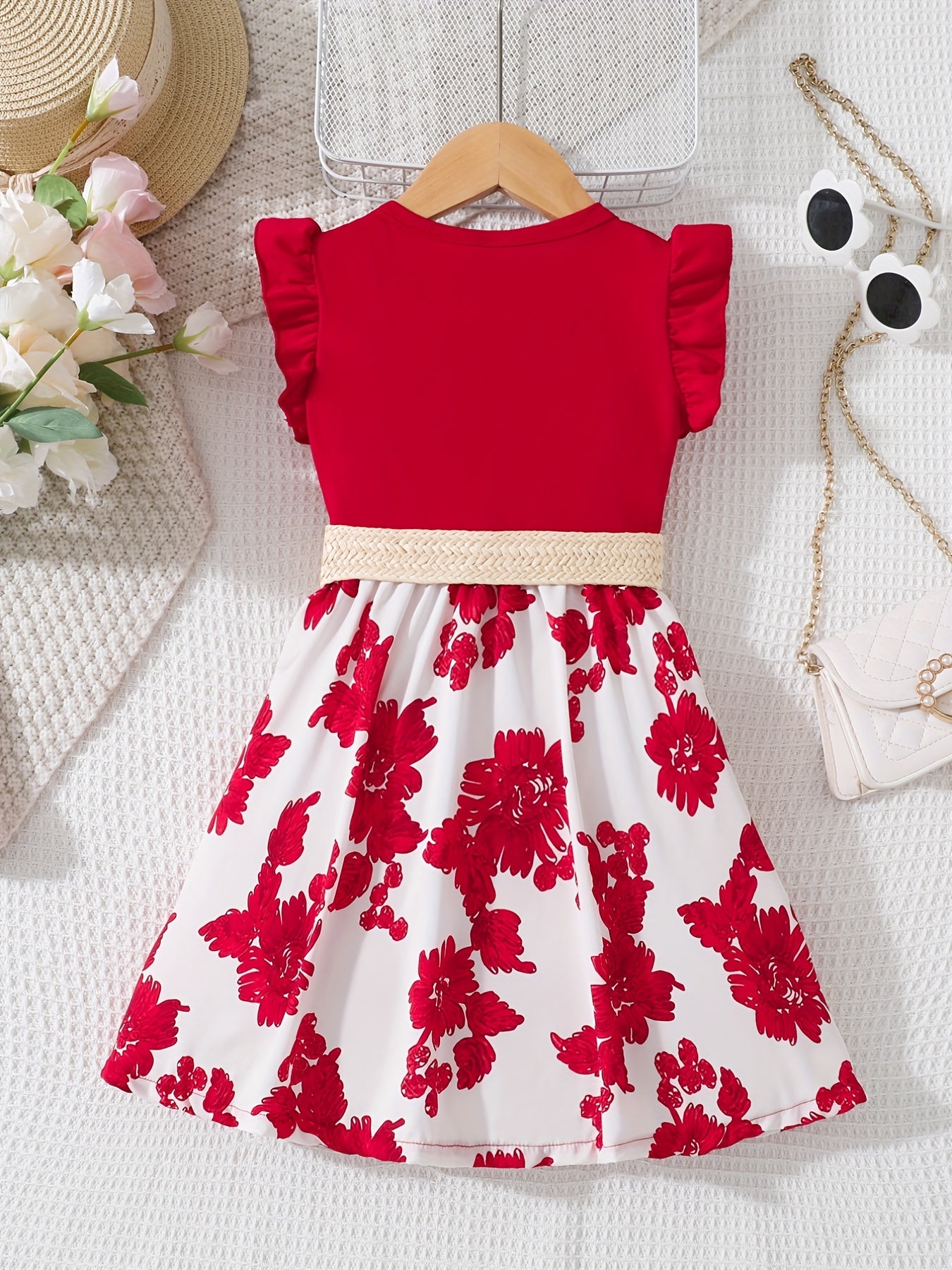 Kid's Floral Print Flutter Sleeve Dress with Belt