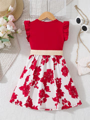 Kid's Floral Print Flutter Sleeve Dress with Belt