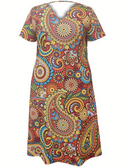 Boho Dress Women's Plus Floral Print Short Sleeve V Neck Scallop