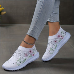Women's Rhinestone Floral Printed Low Round Toe Sneakers