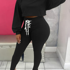 Women's Long Sleeve Hooded Crop Top & Lace Pants Set