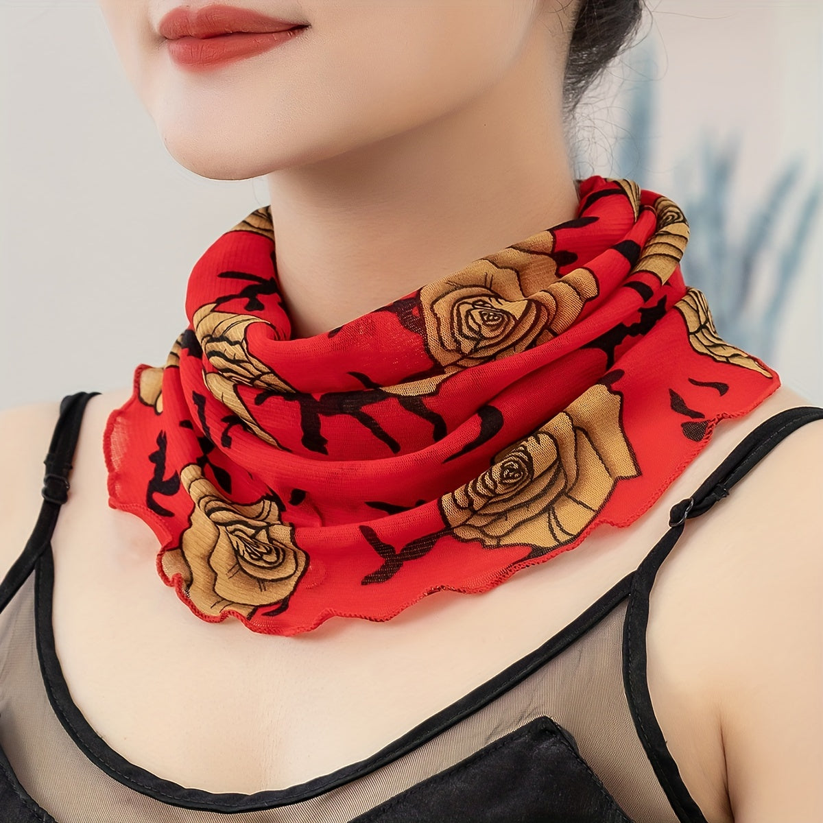 Classic Rose Print Scarf Red Ruffles Thin Breathable Gauze Neck Gaiter