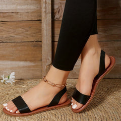 Women's Flat Sandals Round Open Toe Slip On Faux Leather Shoes