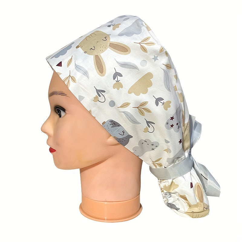 Cartoon Print Work Cap With Button For Women Long Hair