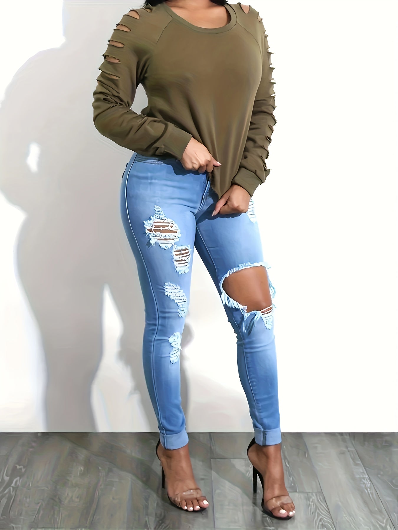 Washed Ripped High Rise Stretch Jeans
