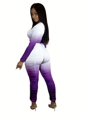Gradient Ruched 2 Pc Set Crew Neck LS Top & Slim Pants Outfits Women's Clothing