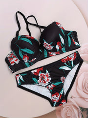 Floral Print Push Up Bra & Bikini Panties Set