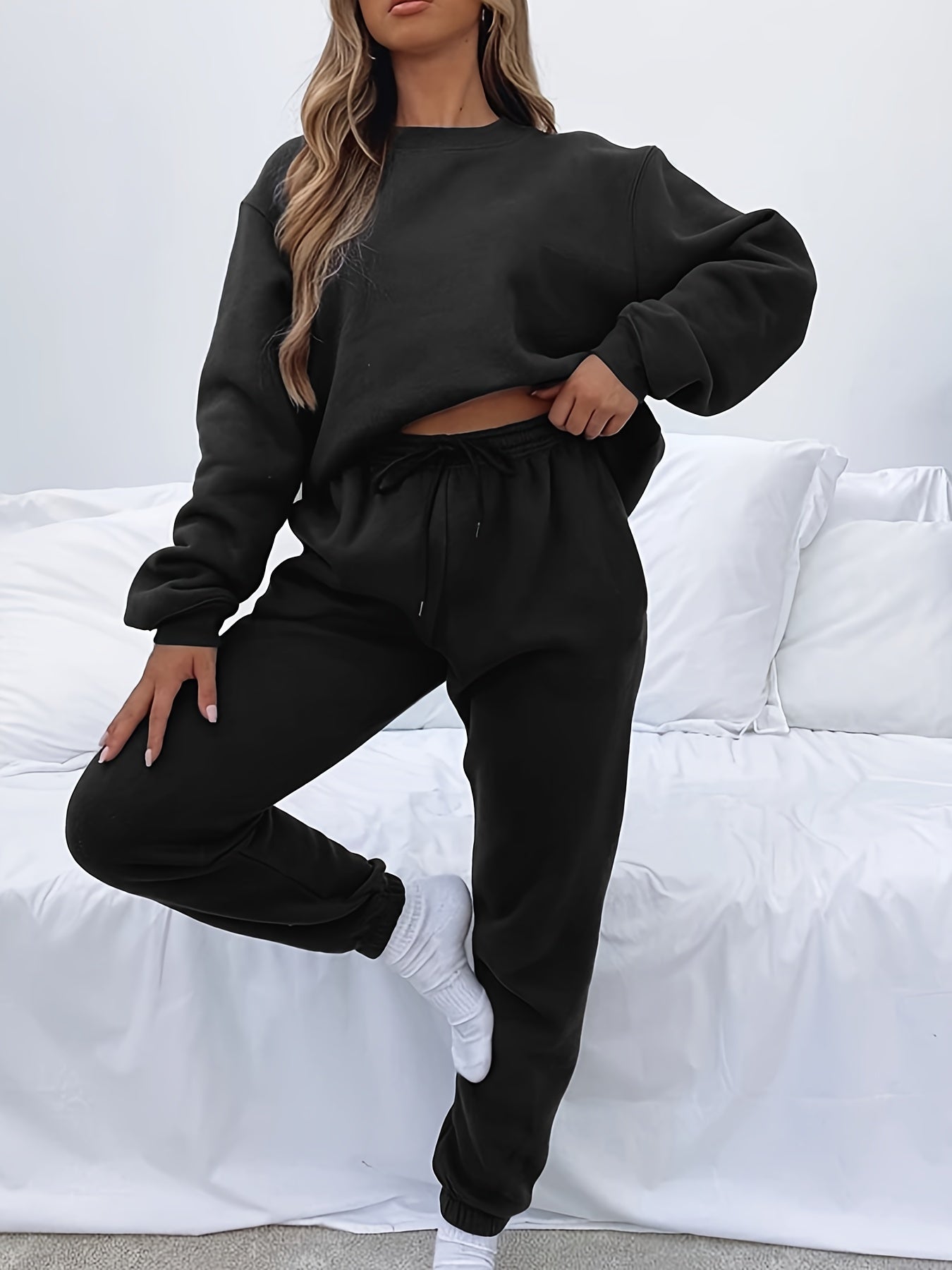 2pcs Solid Suits Crew Neck Sweatshirt & Drawstring High Waist