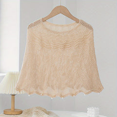 Faux Pearl Decor Shawl Solid Knitted Warm Wraps Wavy Cape for Women