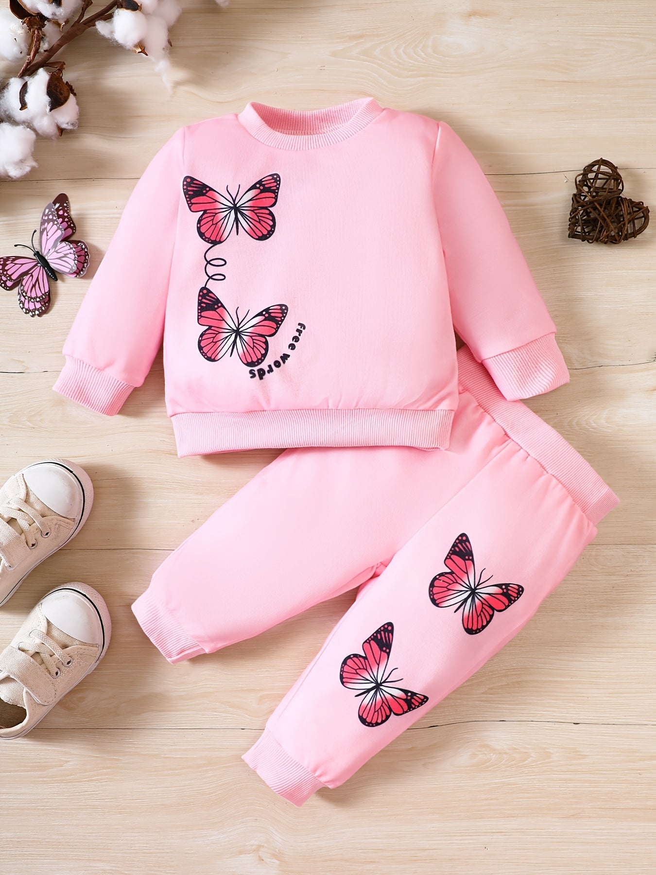 Baby Girl Butterfly Print Sweatshirt Trousers 2pcs Set Kids Pullover Pants