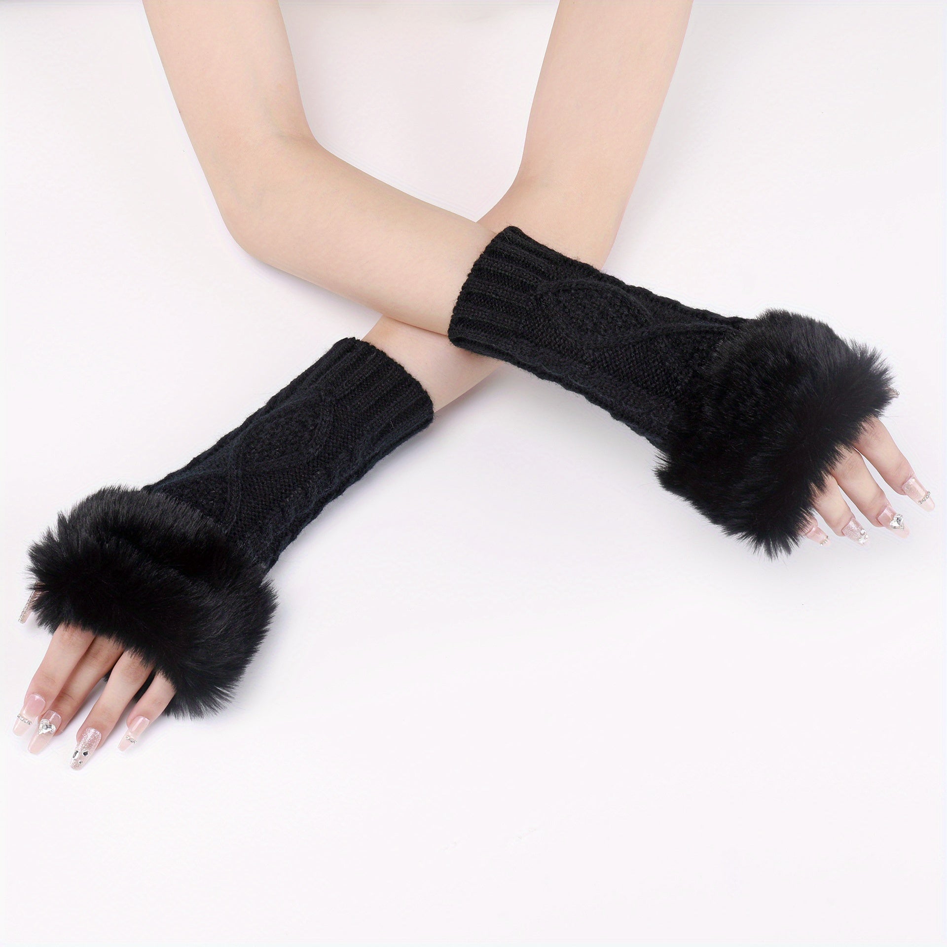 Women's Cable Knit Half Finger Gloves Plush Warmth Winter Arm Warmer
