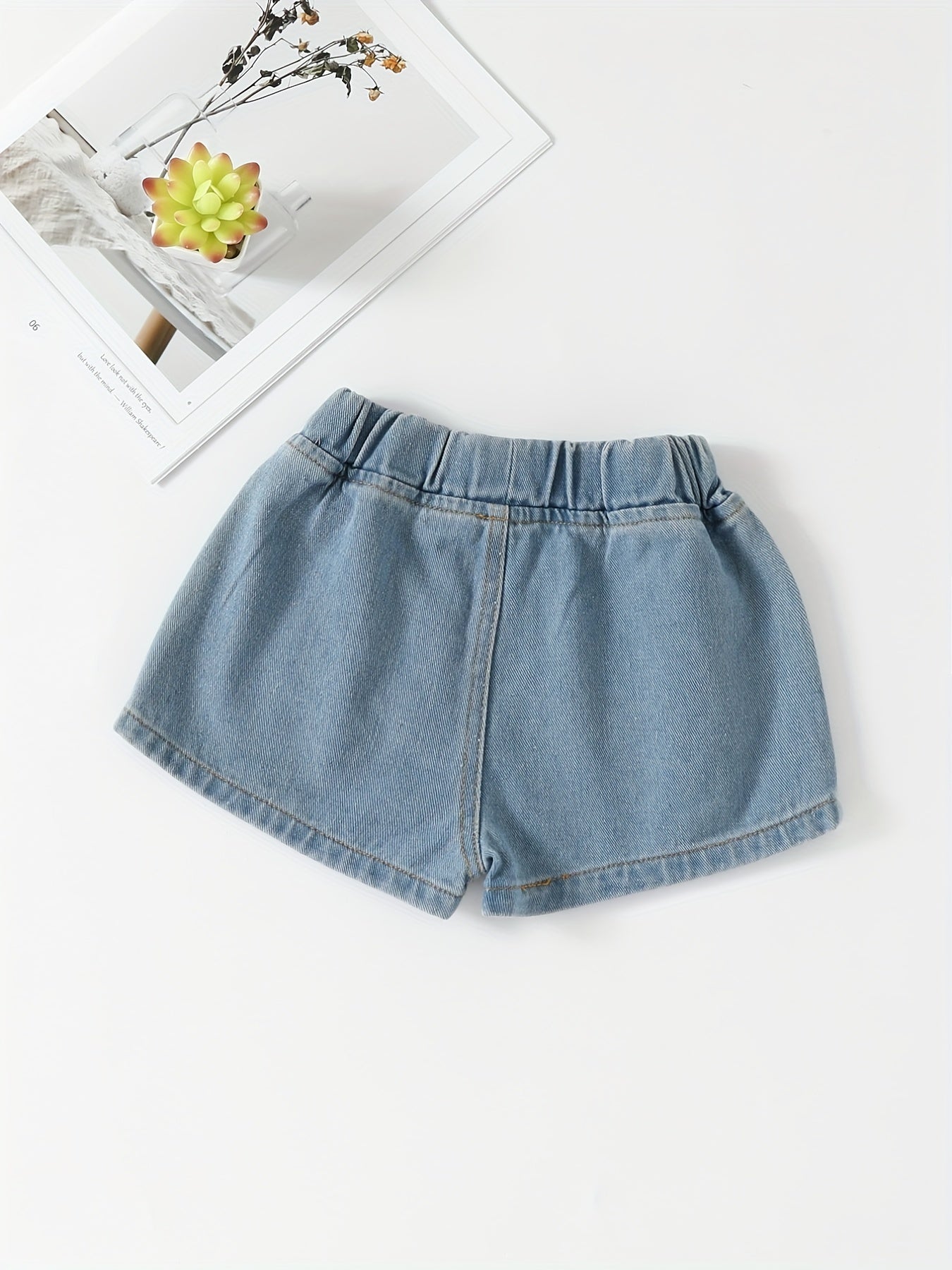 Toddler Girls Flower Embroidered Shorts Elastic Waist Button Casual Denim