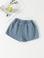 Toddler Girls Flower Embroidered Shorts Elastic Waist Button Casual Denim